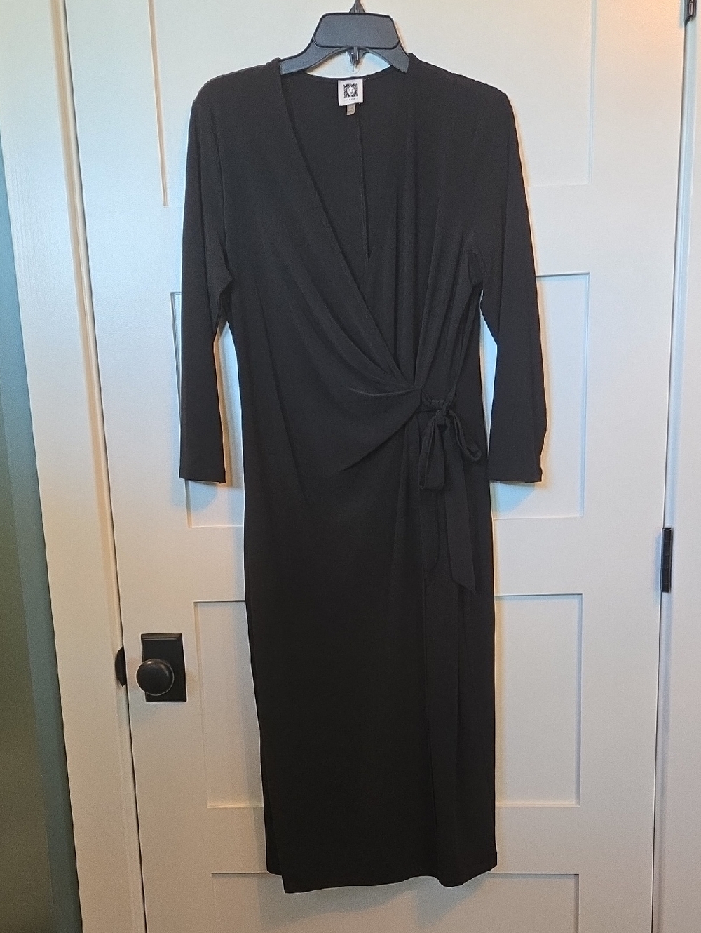 Anne Klein Black Faux Wrap Midi Dress with Side Tie 12